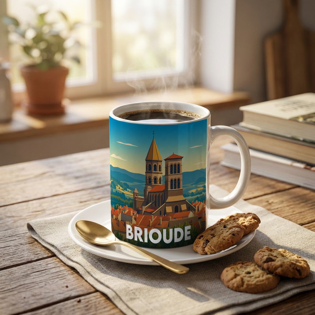Mug souvenir de la ville de Brioude avec une illustration stylisée de sa basilique.