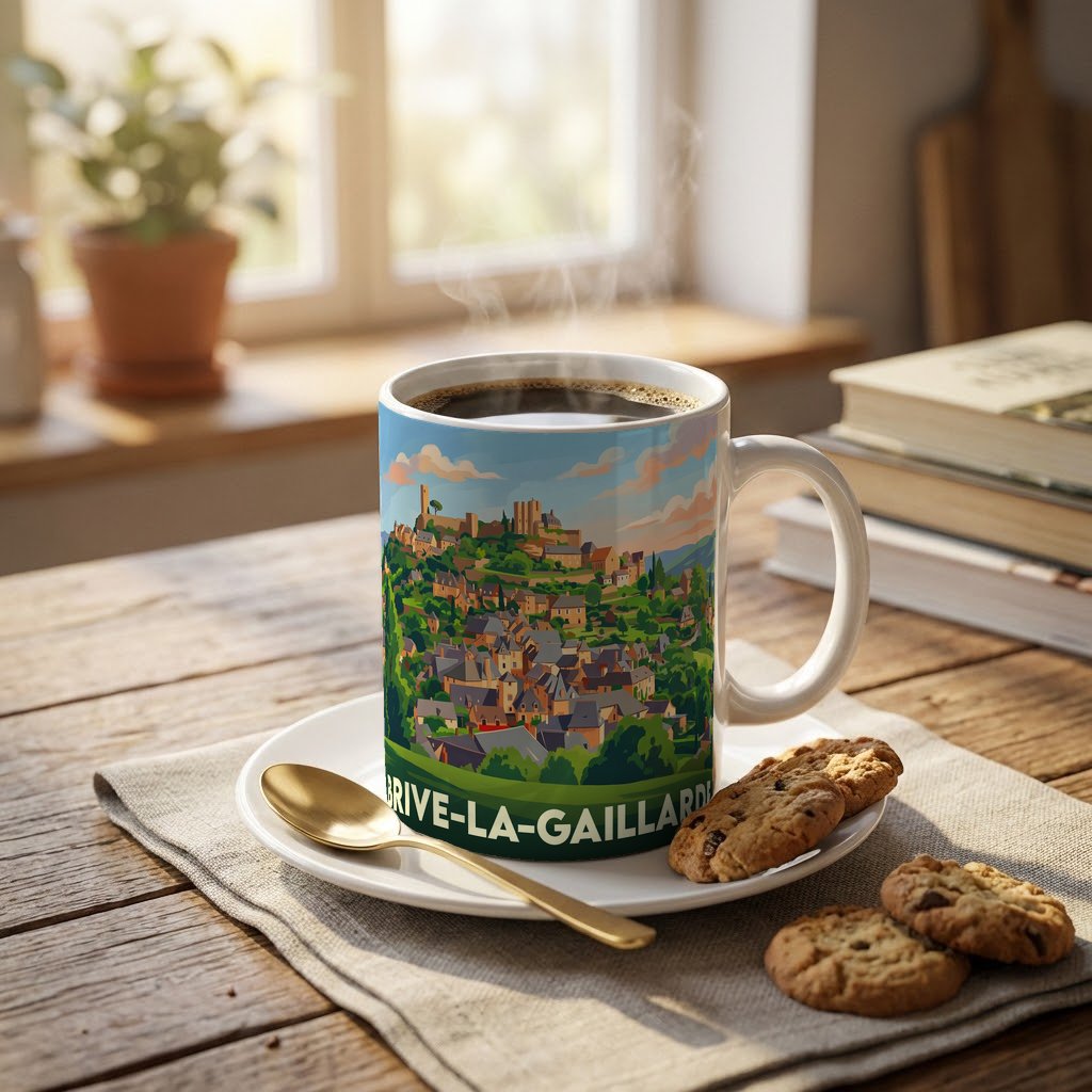 Mug souvenir de la ville de Brive-la-Gaillarde avec une illustration stylisée.