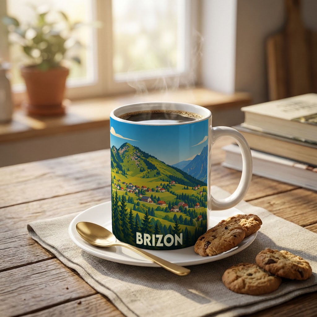 Mug souvenir de la ville de Brizon avec une illustration stylisée d'un paysage de montagne.