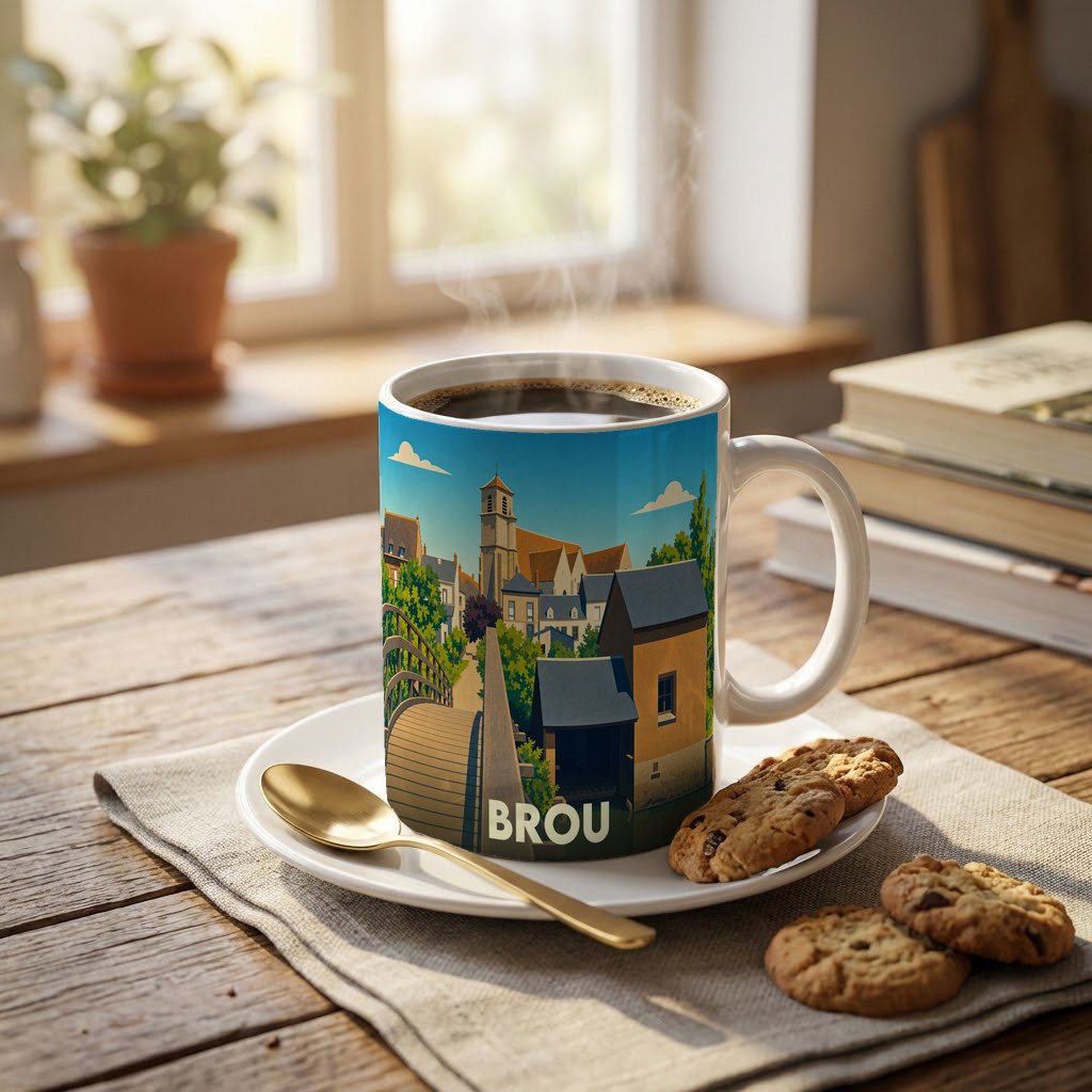 Mug souvenir de la ville de Brou avec une illustration stylisée d'un paysage urbain pittoresque.