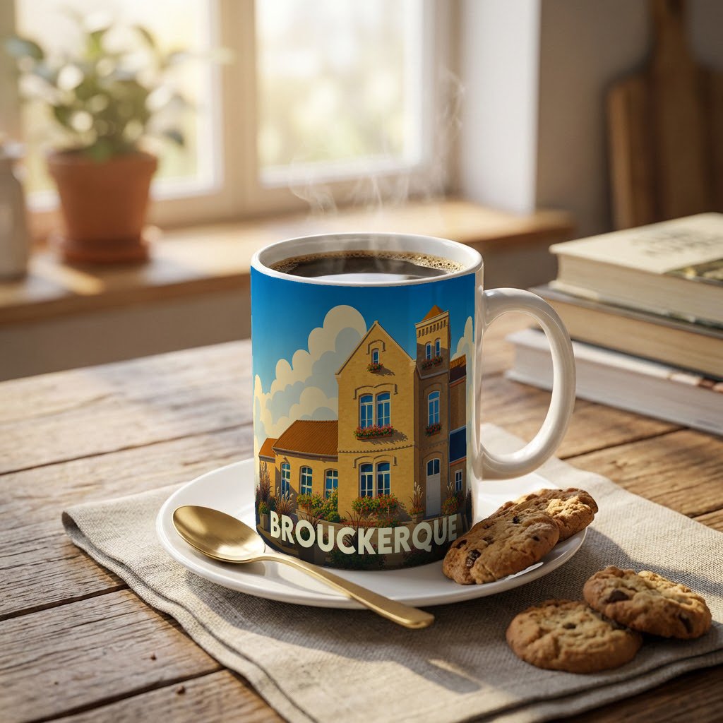 Mug souvenir de la ville de Brouckerque avec une illustration stylisée d'un bâtiment typique.