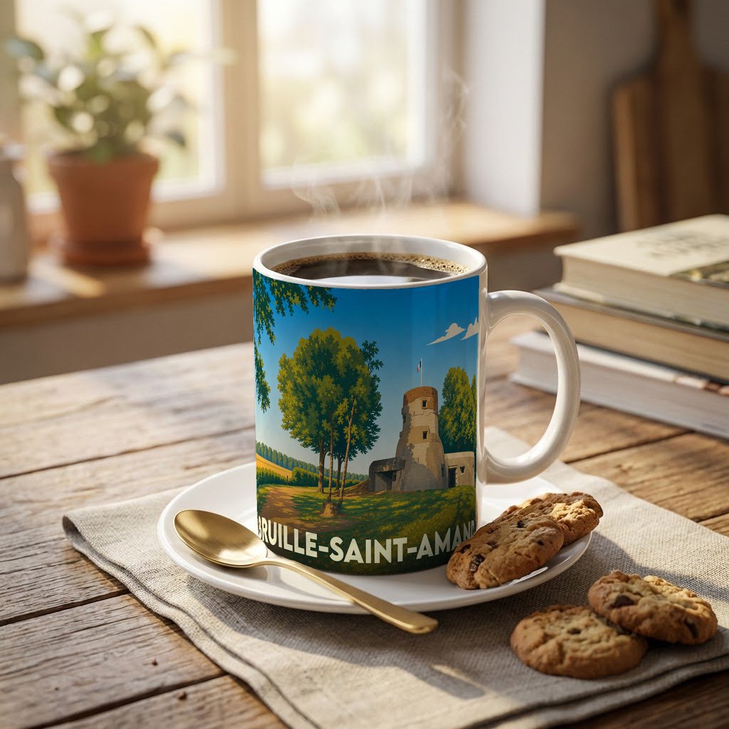 Mug souvenir de la ville de Bruille-Saint-Amand avec une illustration stylisée d'un moulin fortifié.