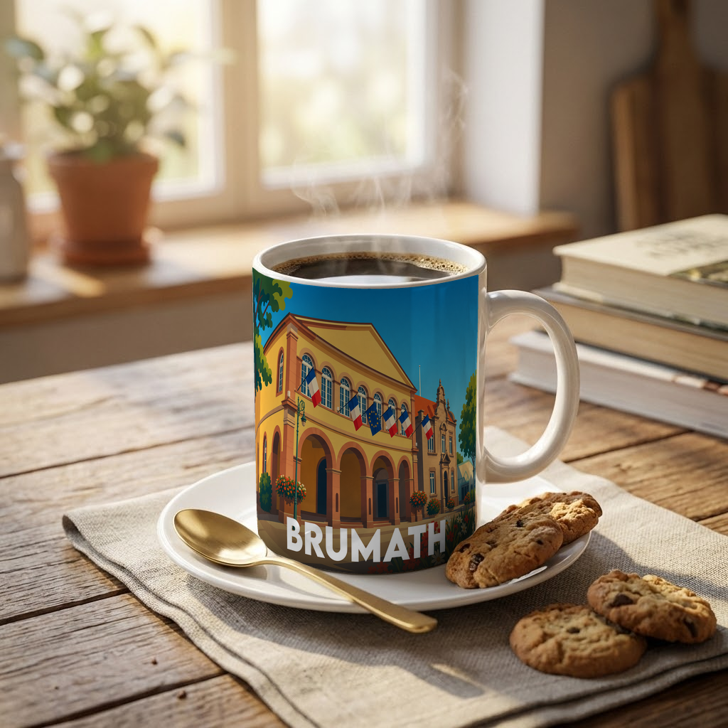 Mug souvenir de la ville de Brumath avec une illustration stylisée de son hôtel de ville.