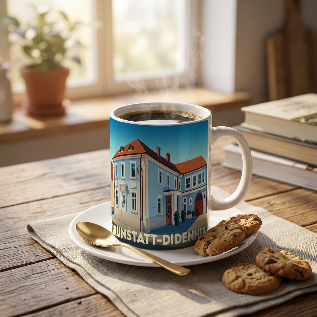Mug souvenir de la ville de Brunstatt-Didenheim avec une illustration stylisée d'un bâtiment bleu.