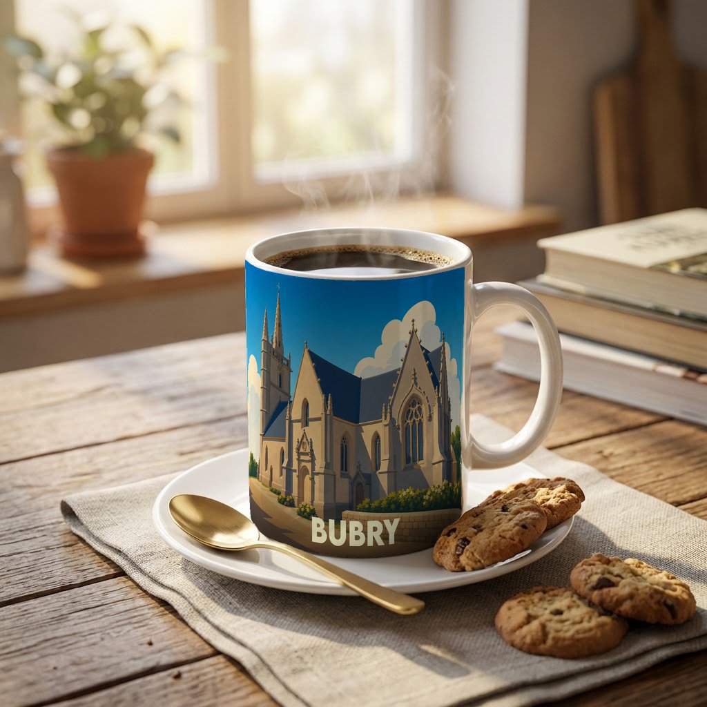 Mug souvenir de la ville de Bubry avec une illustration stylisée de son église.