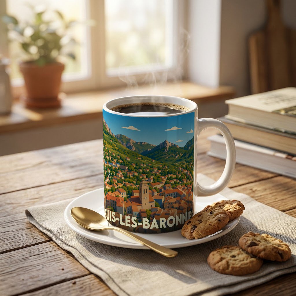 Mug souvenir de la ville de Buis-les-Baronnies orné d'une illustration panoramique colorée.