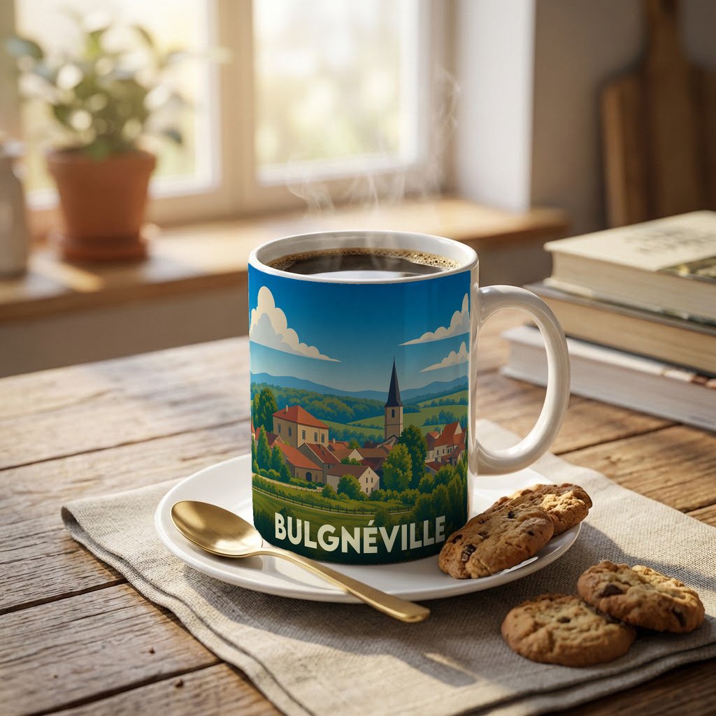Mug souvenir de la ville de Bulgnéville avec une illustration stylisée d'un paysage urbain.