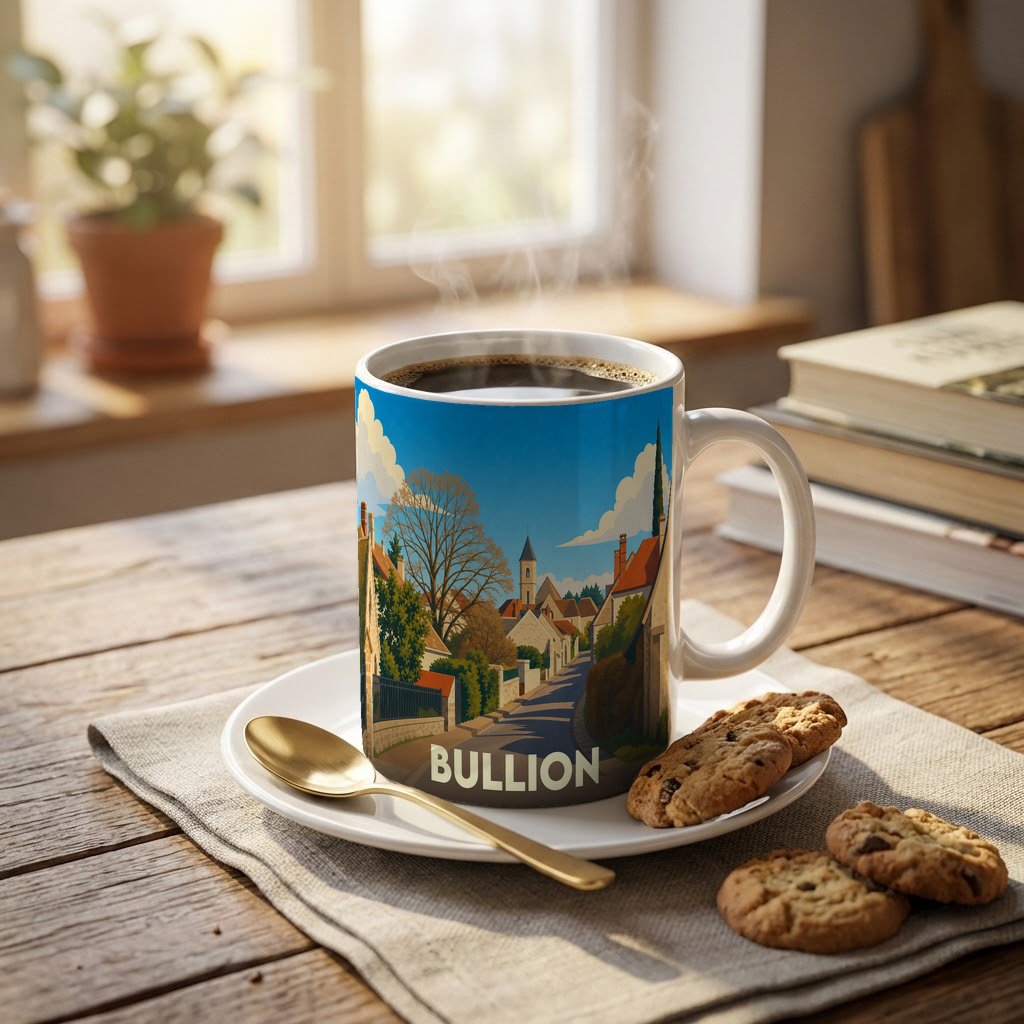 Mug souvenir de la ville de Bullion illustré d'un paysage urbain stylisé.