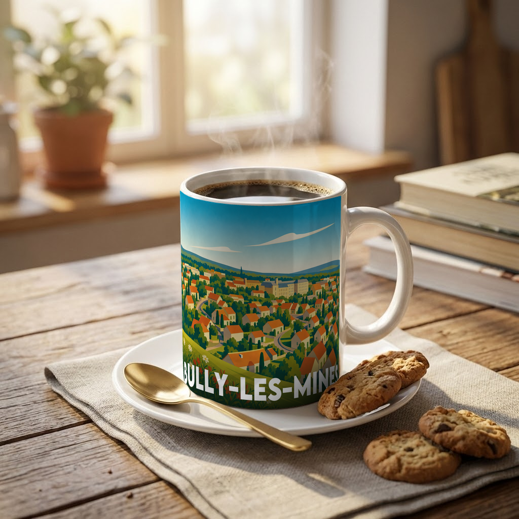 Mug souvenir de la ville de Bully-les-Mines avec une illustration panoramique stylisée.