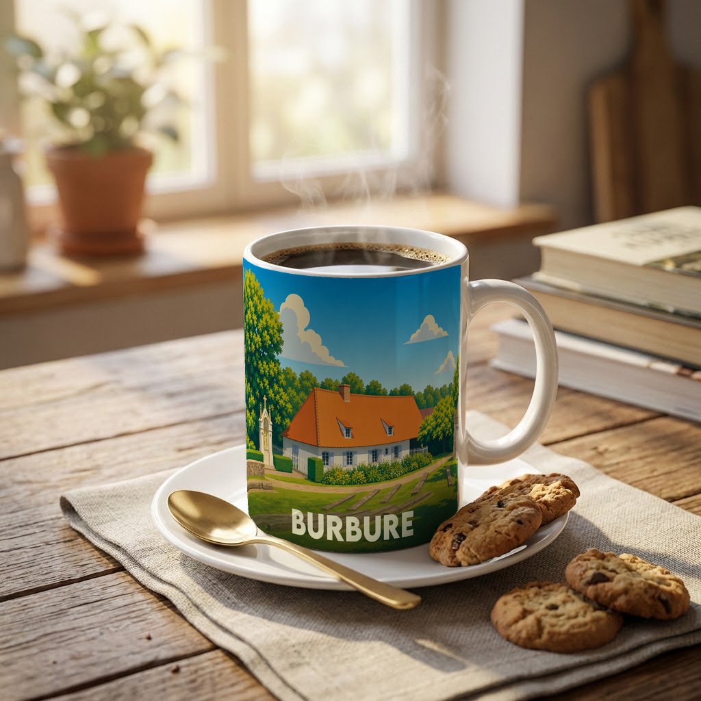 Mug souvenir de la ville de Burbure avec une illustration stylisée d'une maison rurale.
