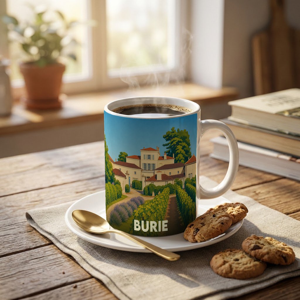 Mug souvenir de la ville de Burie avec une illustration stylisée représentant une demeure charentaise.