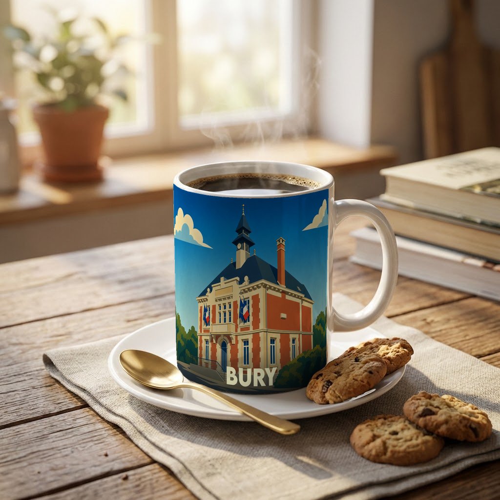 Mug souvenir de la ville de Bury illustré d'un dessin stylisé de son hôtel de ville.