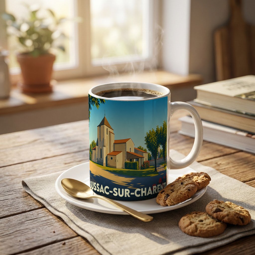 Mug souvenir de la ville de Bussac-sur-Charente avec une illustration stylisée de son église.