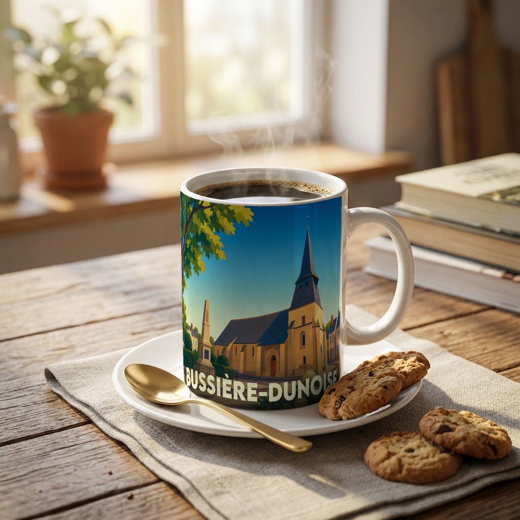 Mug souvenir de la ville de Bussière-Dunoise avec une illustration stylisée de son église et de son monument.