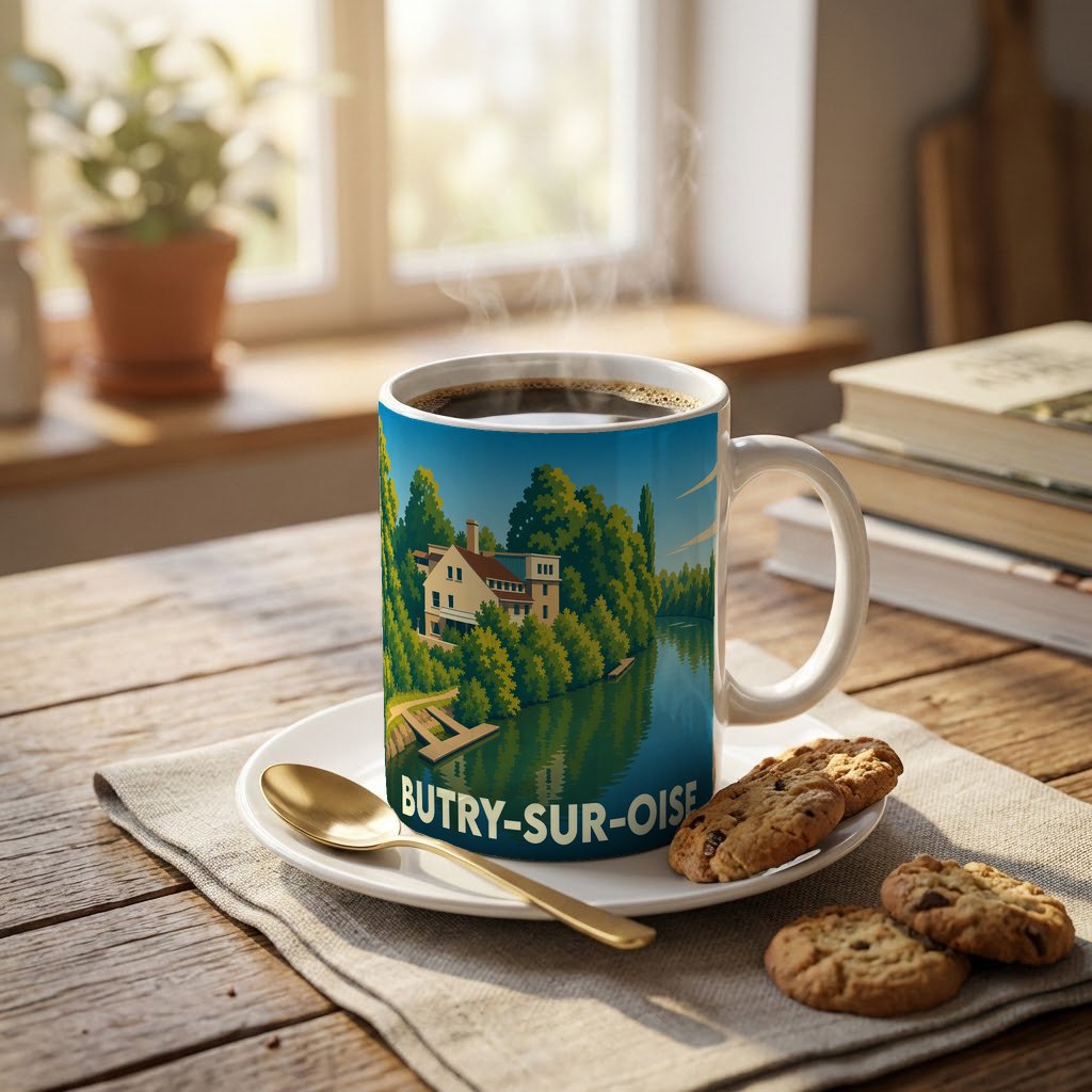 Mug souvenir de la ville de Butry-sur-Oise avec une illustration stylisée des bords de l'Oise.