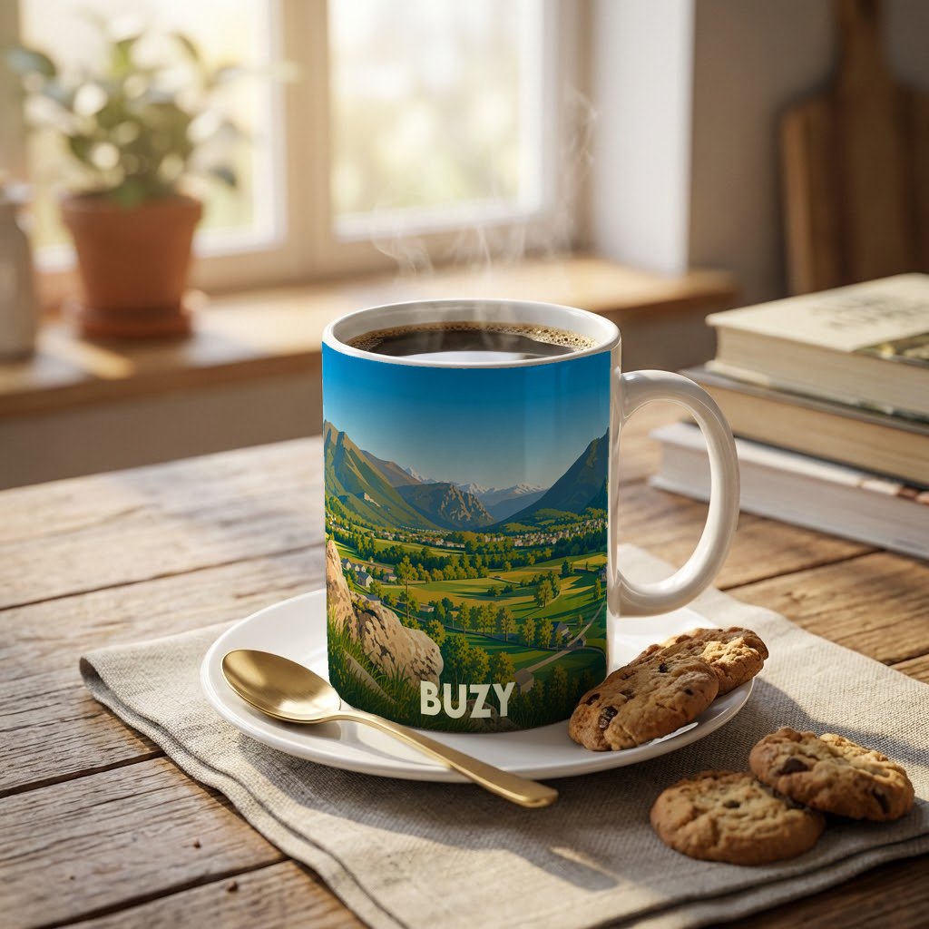 Mug souvenir de la ville de Buzy avec une illustration stylisée de ses paysages montagneux.