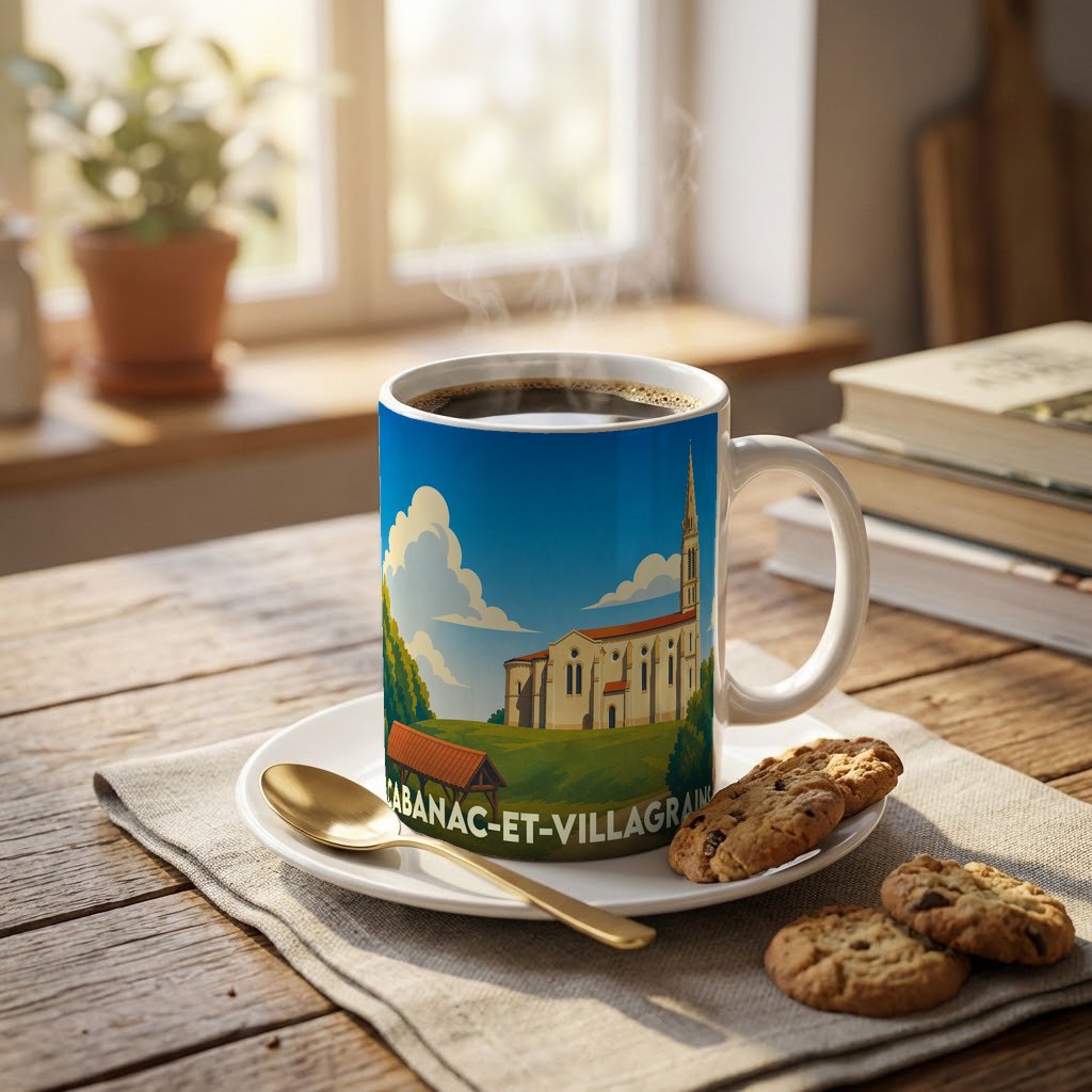 Mug souvenir de la commune de Cabanac-et-Villagrains orné d'une illustration stylisée de son église.