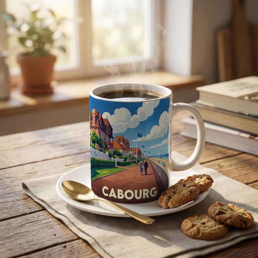 Mug souvenir de la ville de Cabourg avec une illustration stylisée de son front de mer.