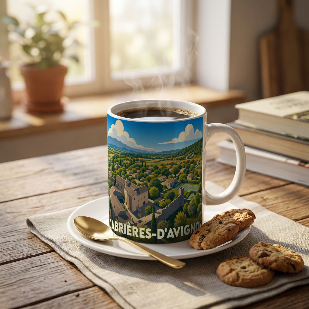 Mug souvenir de la ville de Cabrières-d'Avignon orné d'une illustration panoramique stylisée.