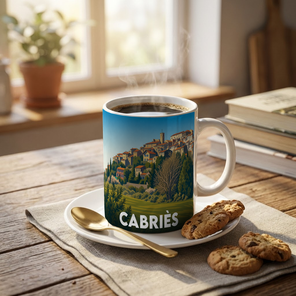 Mug souvenir de la ville de Cabriès avec une illustration stylisée d'un village provençal perché.