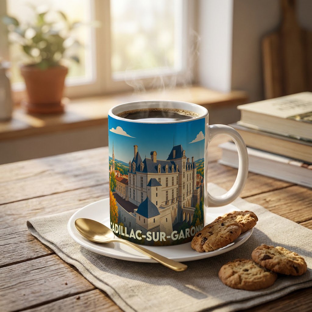 Mug souvenir de Cadillac-sur-Garonne orné d'une illustration stylisée de son château.