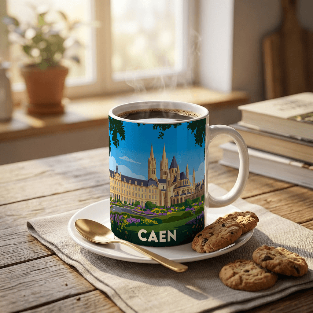 Mug souvenir de la ville de Caen avec une illustration stylisée et colorée de ses monuments emblématiques.