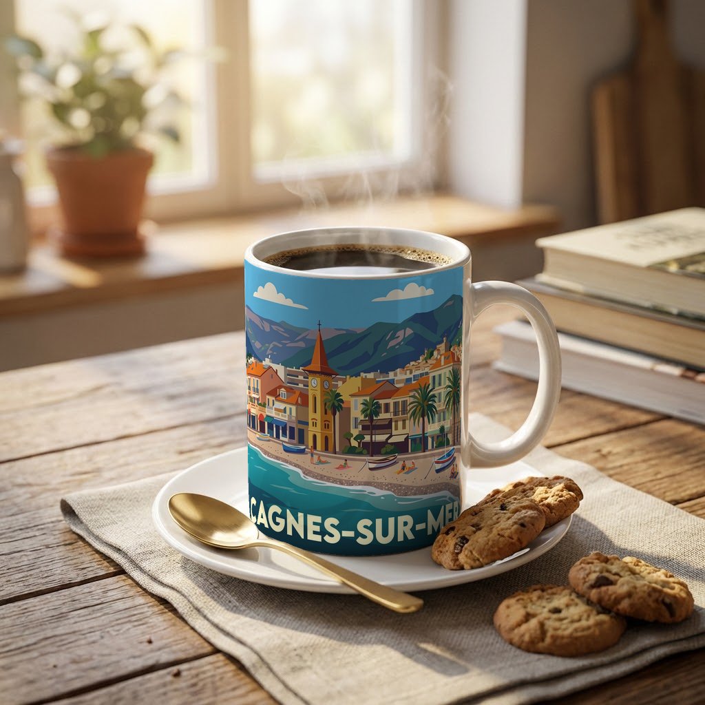 Mug souvenir de la ville de Cagnes-sur-Mer avec une illustration stylisée de son front de mer.