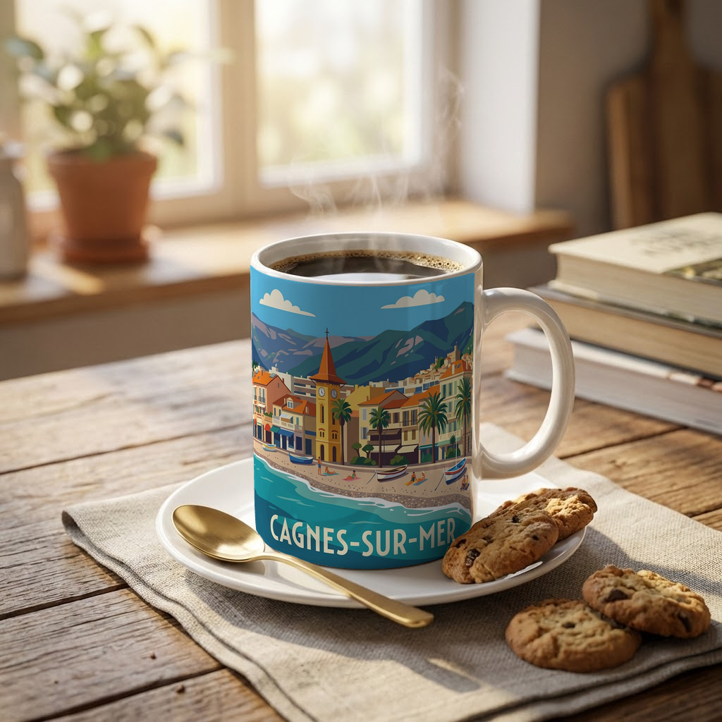 Mug souvenir de la ville de Cagnes-sur-Mer avec une illustration stylisée de son front de mer.