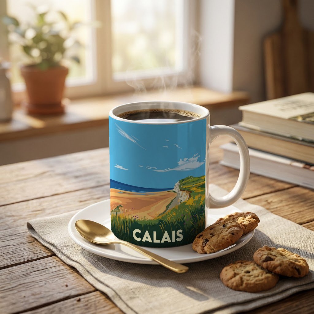 Mug souvenir de la ville de Calais avec une illustration stylisée de son littoral.