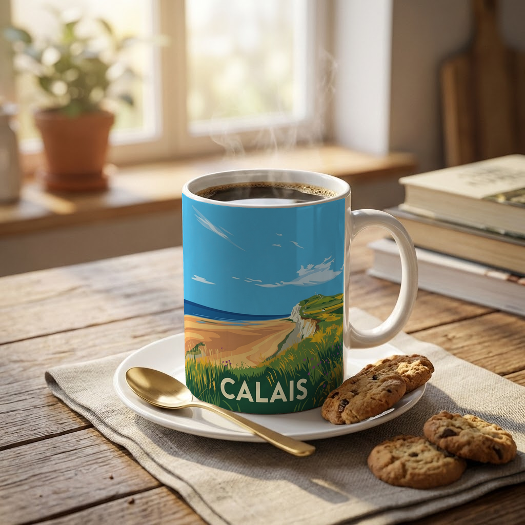Mug souvenir de la ville de Calais avec une illustration stylisée de son littoral.