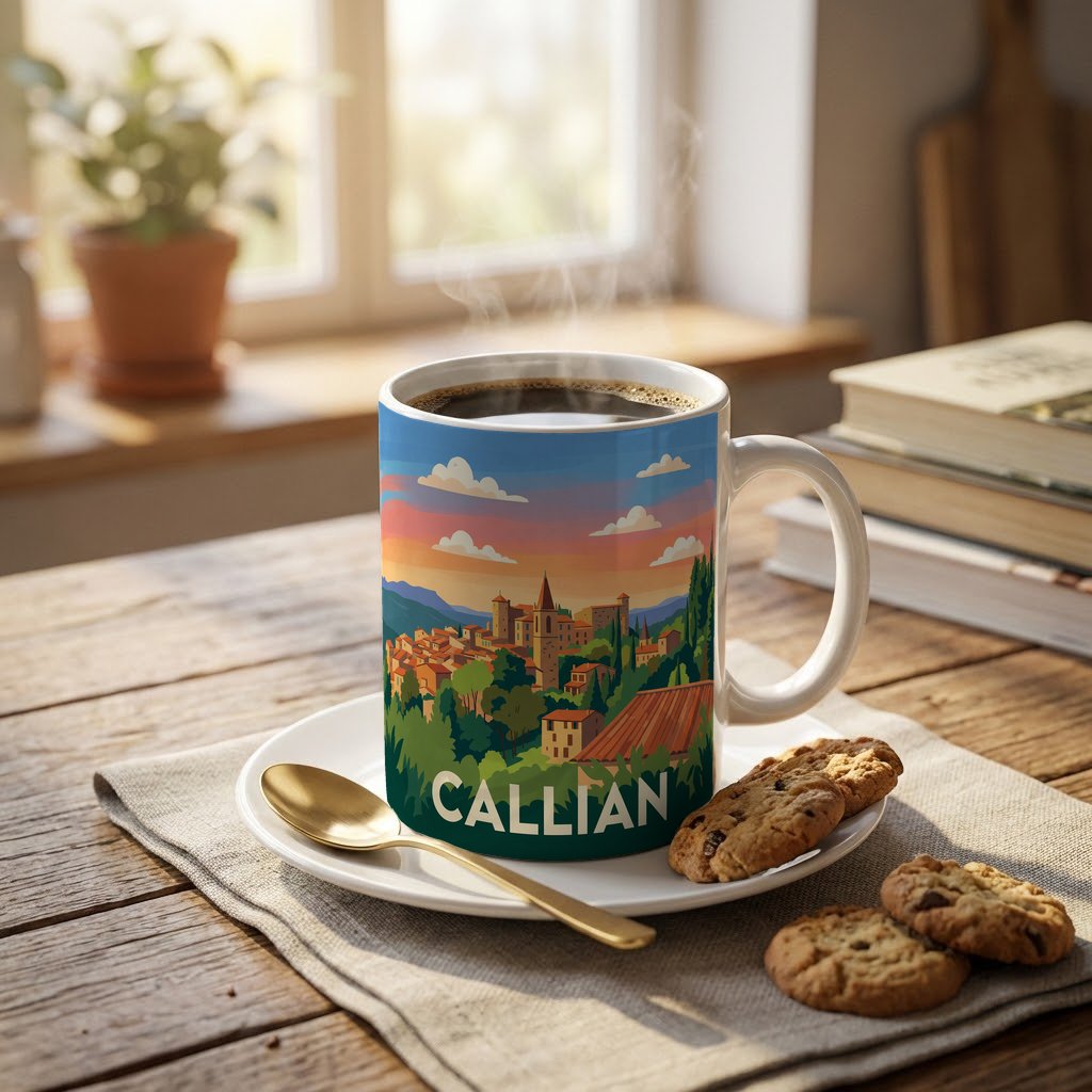 Mug souvenir de la ville de Callian avec une illustration stylisée.