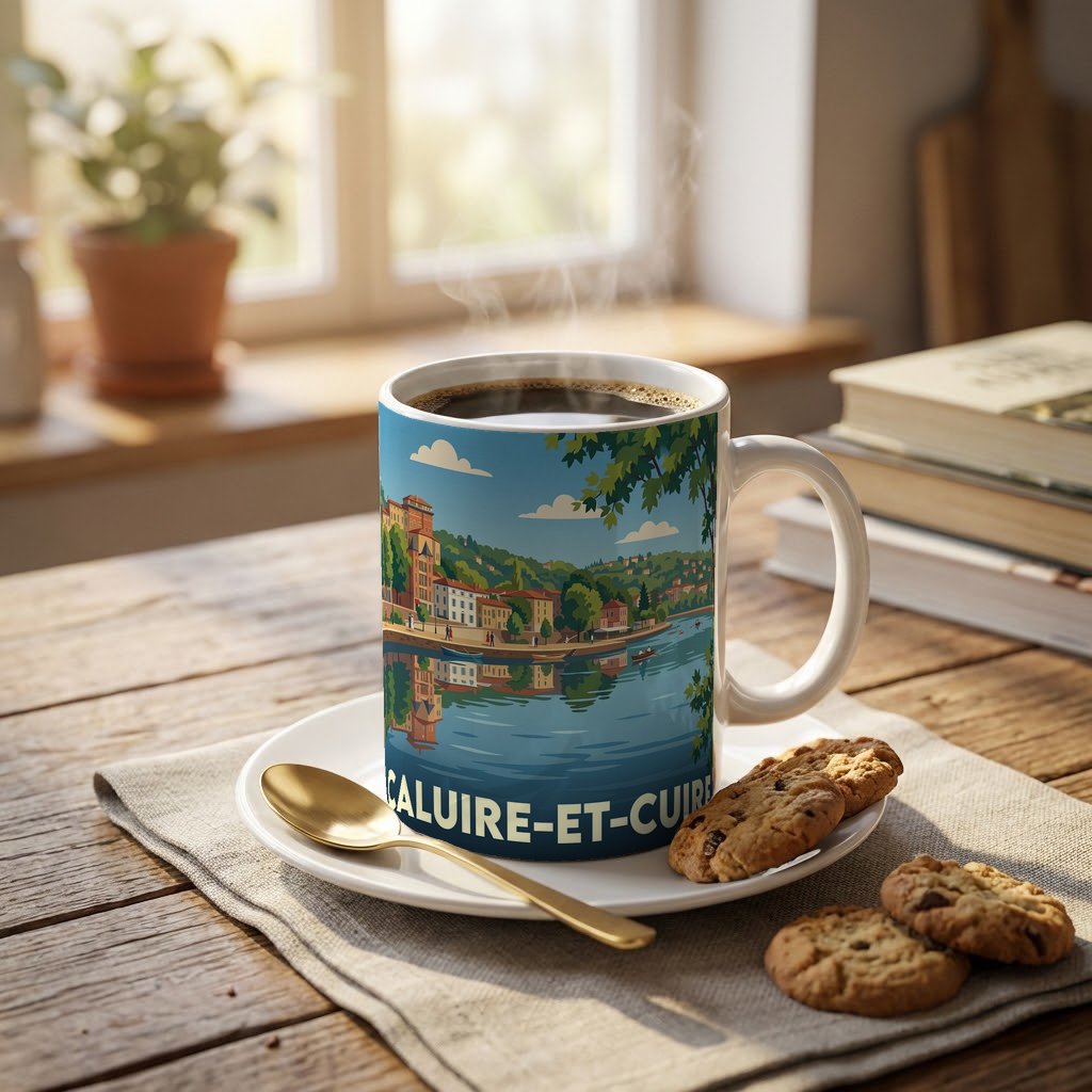 Mug souvenir de la ville de Caluire-et-Cuire avec une illustration stylisée.