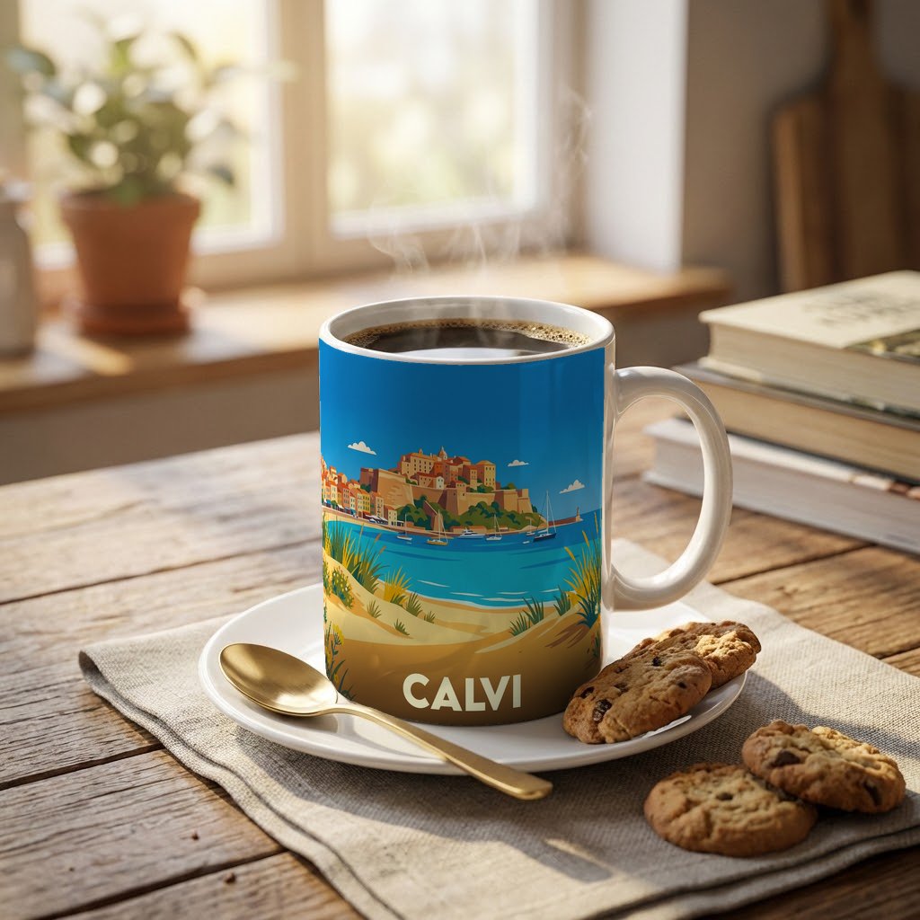 Mug souvenir de la ville de Calvi avec une illustration stylisée de son front de mer.