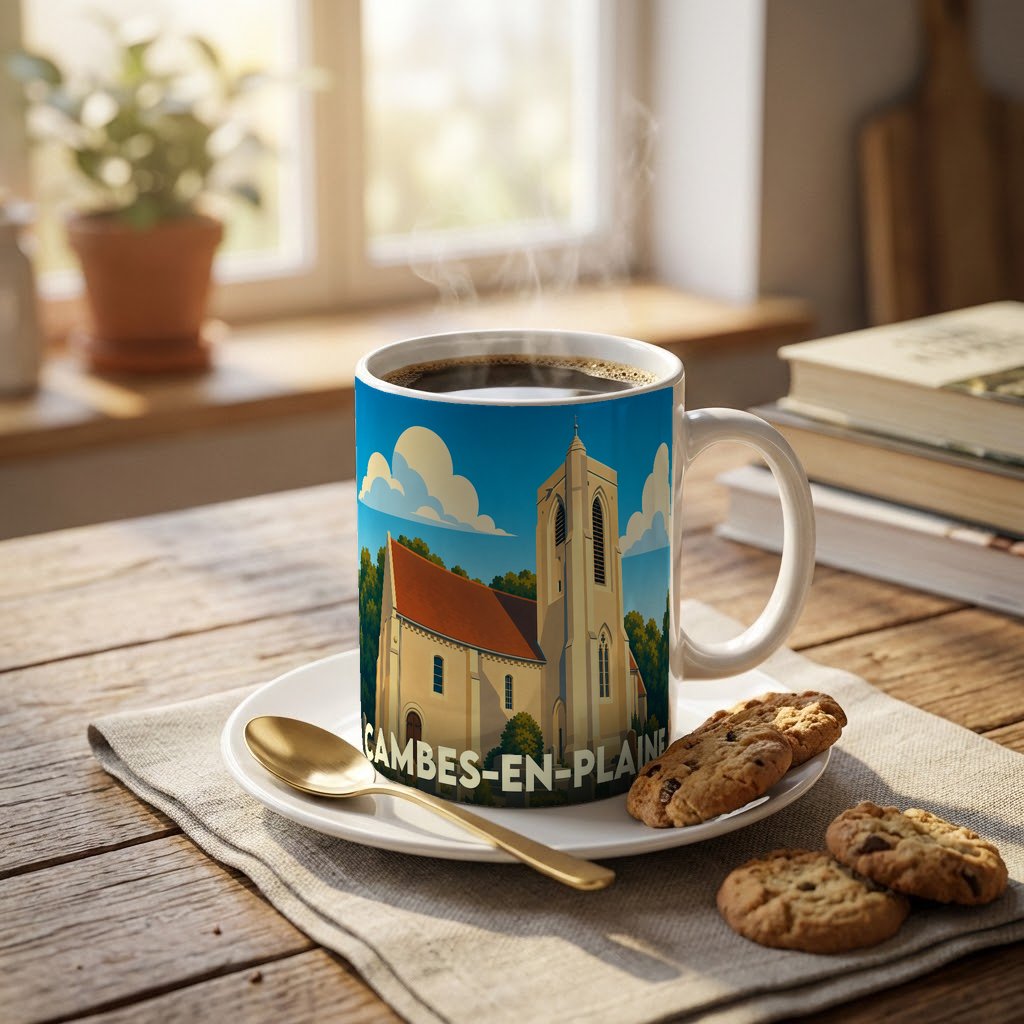 Mug souvenir de la ville de Cambes-en-Plaine orné d'une illustration stylisée de son église.