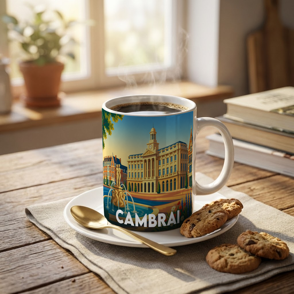 Mug souvenir de la ville de Cambrai avec une illustration stylisée de son patrimoine.