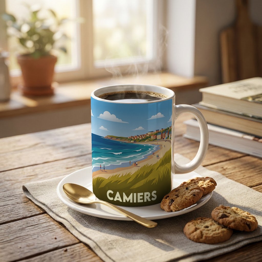 Mug souvenir de la ville de Camiers avec une illustration stylisée de son paysage côtier.