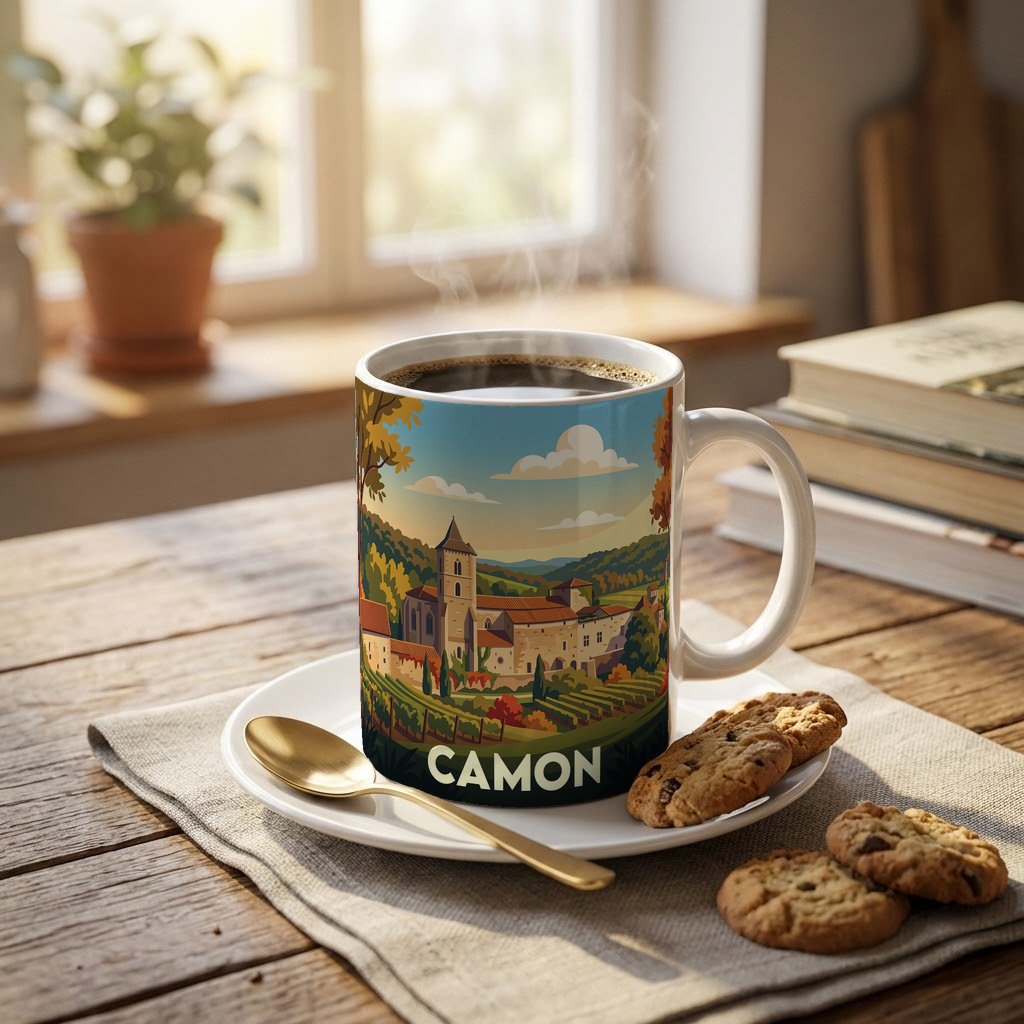 Mug souvenir de la ville de Camon avec une illustration stylisée de ses paysages.
