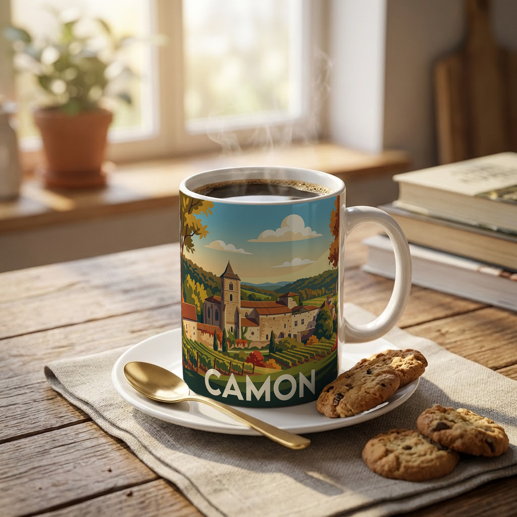 Mug souvenir de la ville de Camon avec une illustration stylisée de ses paysages.