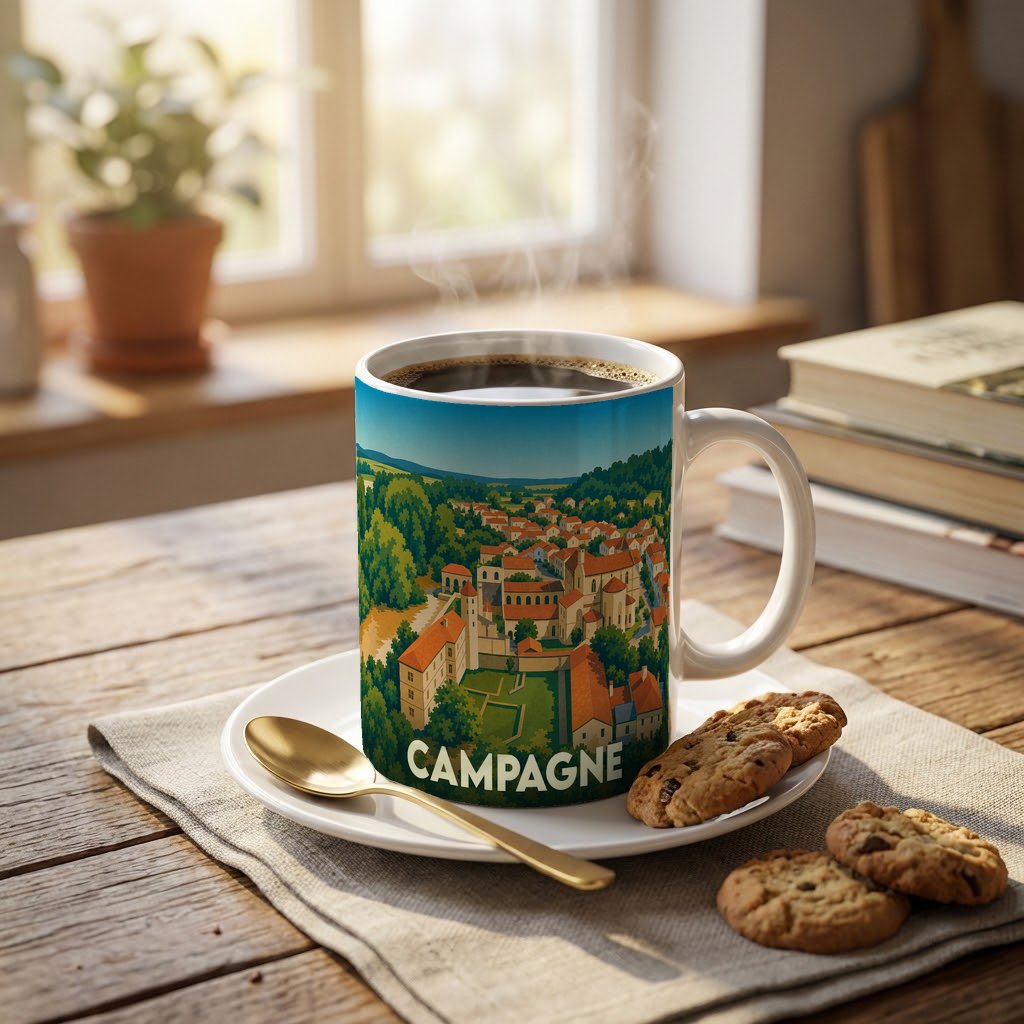 Mug souvenir de la ville de Campagne avec une illustration stylisée de son paysage rural.