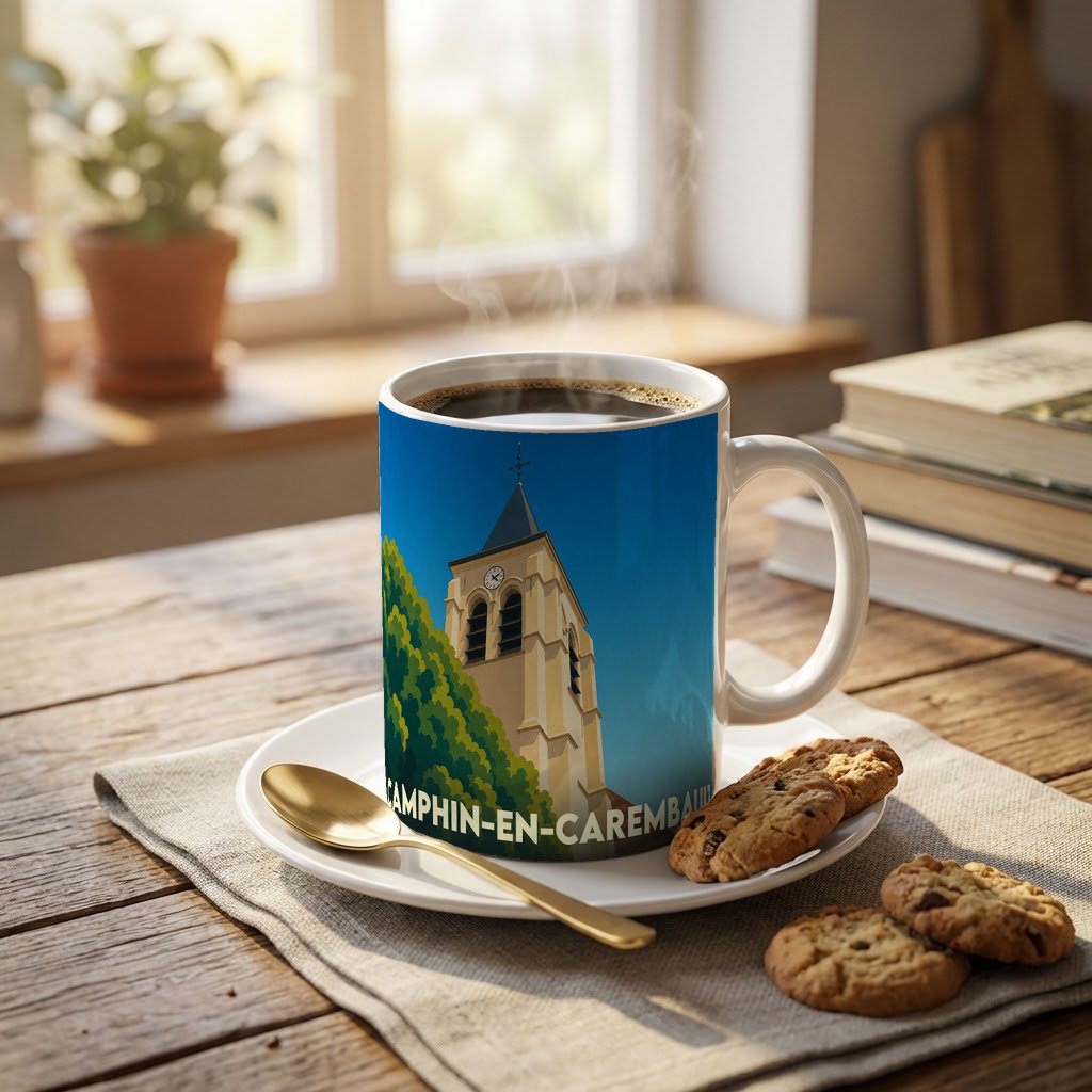 Mug souvenir de la ville de Camphin-en-Carembault illustré d'un clocher d'église stylisé sur fond bleu ciel.