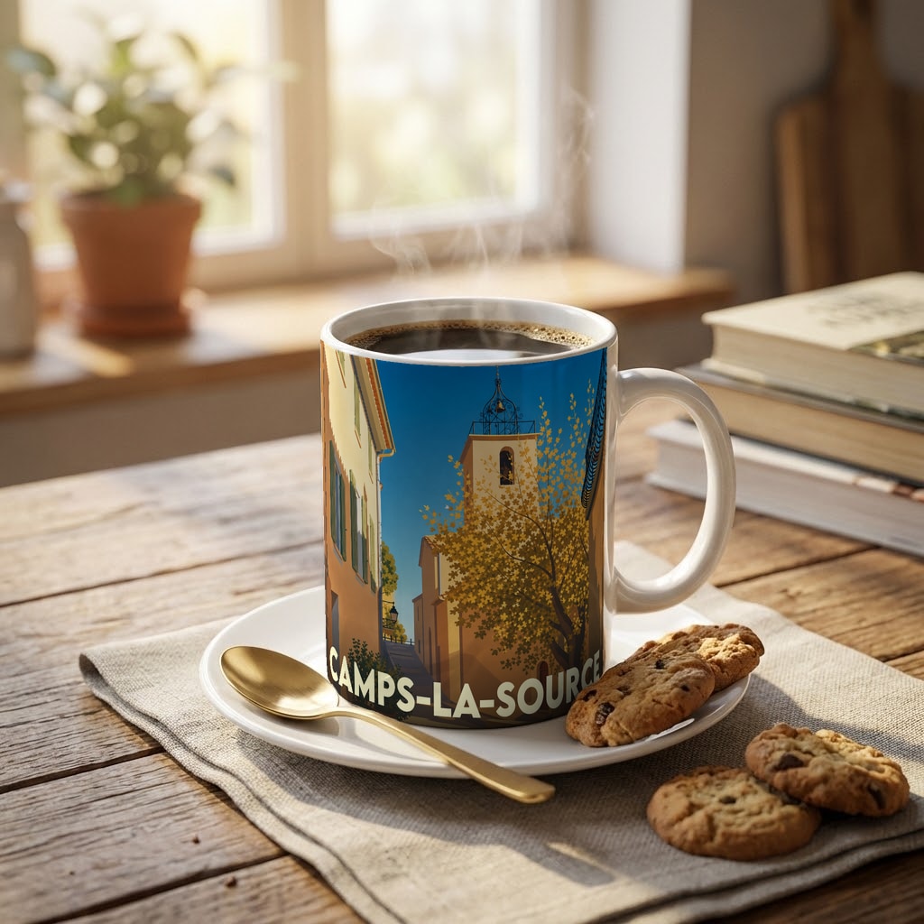 Mug souvenir de la ville de Camps-la-Source orné d'une illustration stylisée de son clocher provençal.