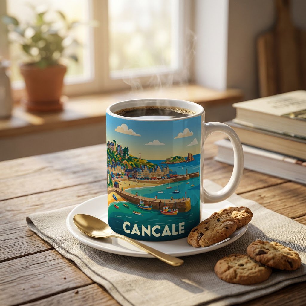Mug souvenir de la ville de Cancale avec une illustration stylisée de son paysage côtier.
