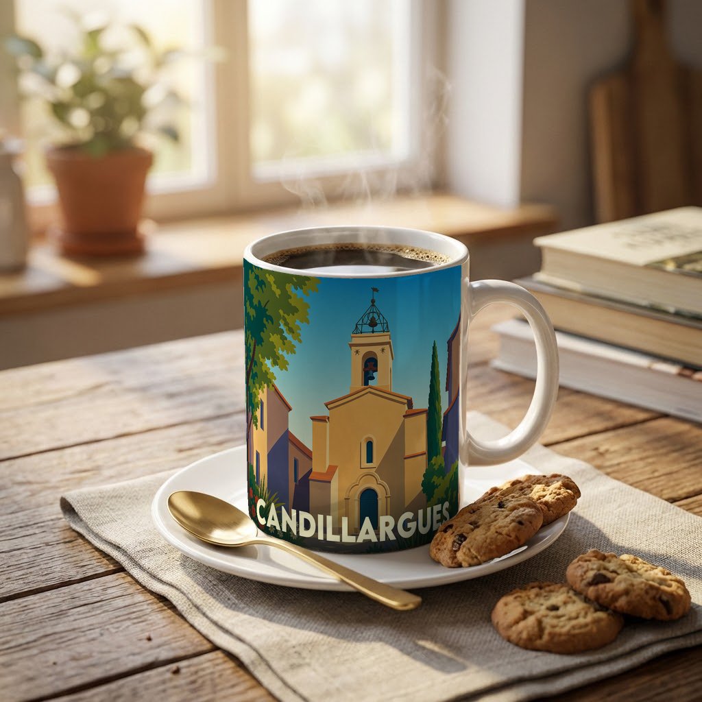 Mug souvenir de la ville de Candillargues orné d'une illustration stylisée de son église et de ses paysages.