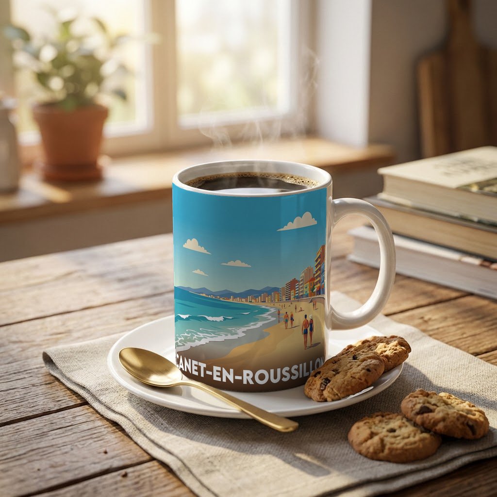 Mug souvenir de la ville de Canet-en-Roussillon avec une illustration stylisée de sa plage.