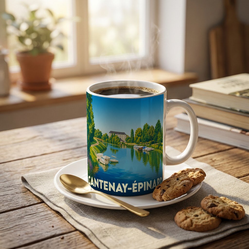 Mug souvenir de la ville de Cantenay-Épinard illustrant un paysage de rivière avec des bateaux.