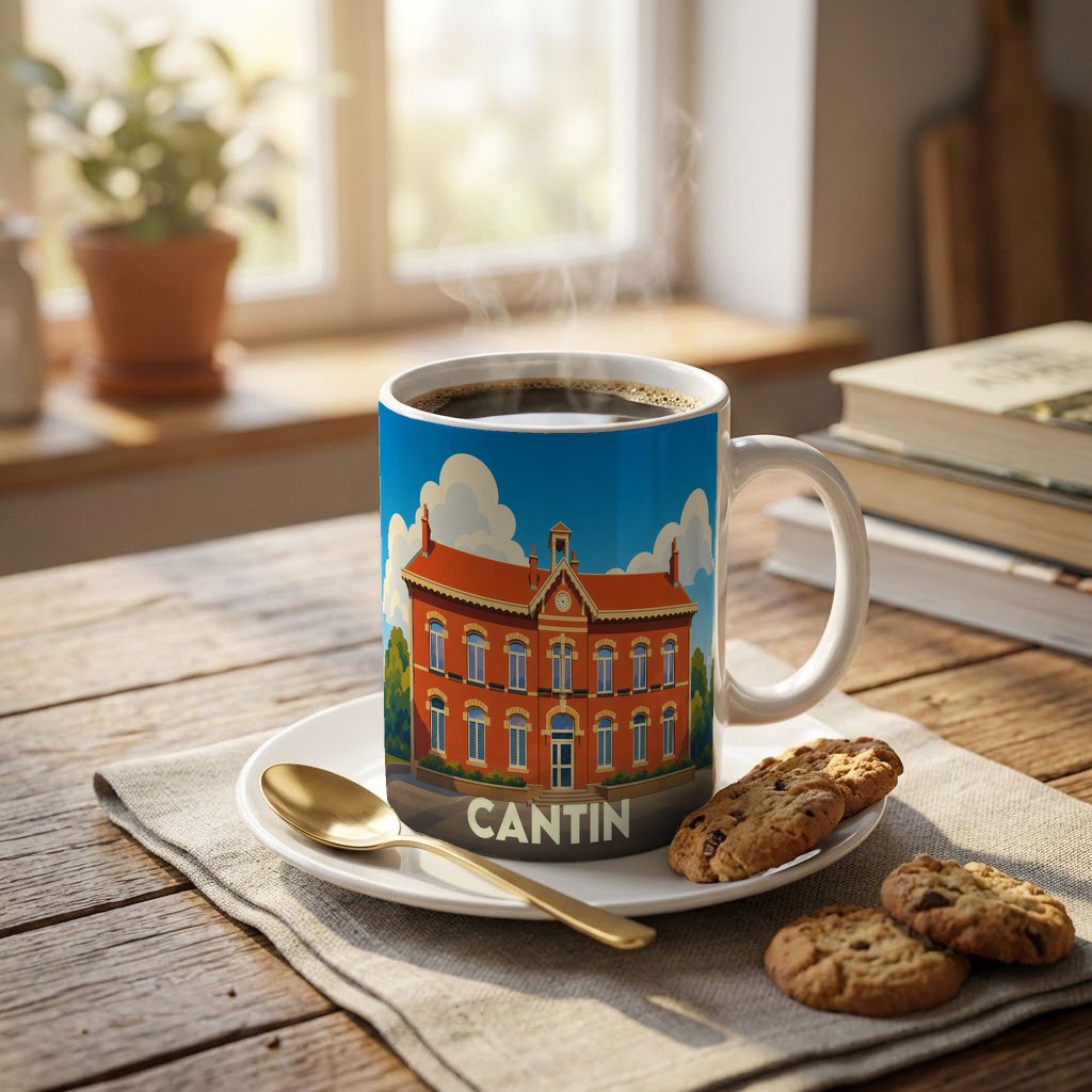 Mug souvenir de la ville de Cantin orné d'une illustration stylisée de son hôtel de ville.