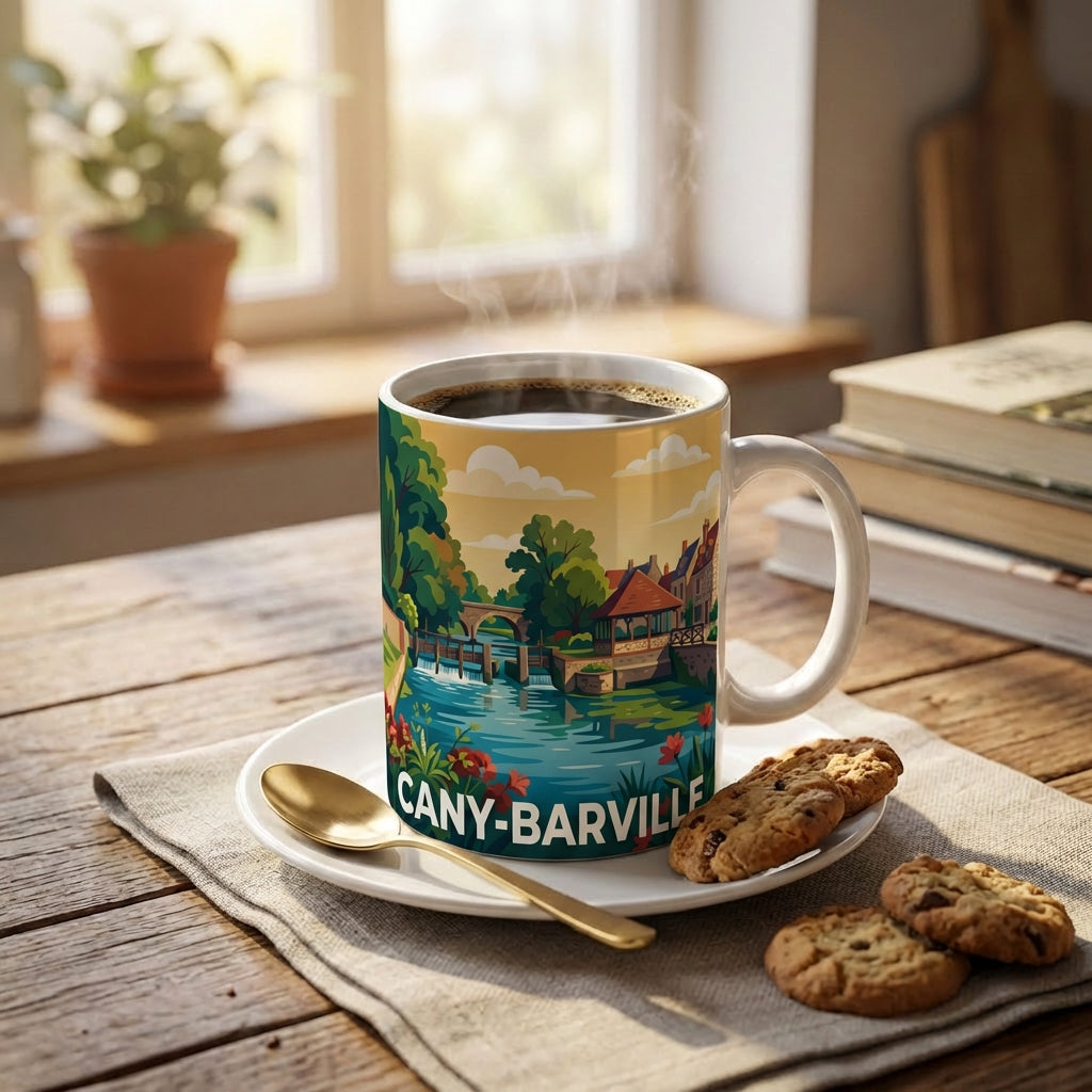Mug souvenir de la ville de Cany-Barville avec une illustration stylisée de son paysage fluvial.