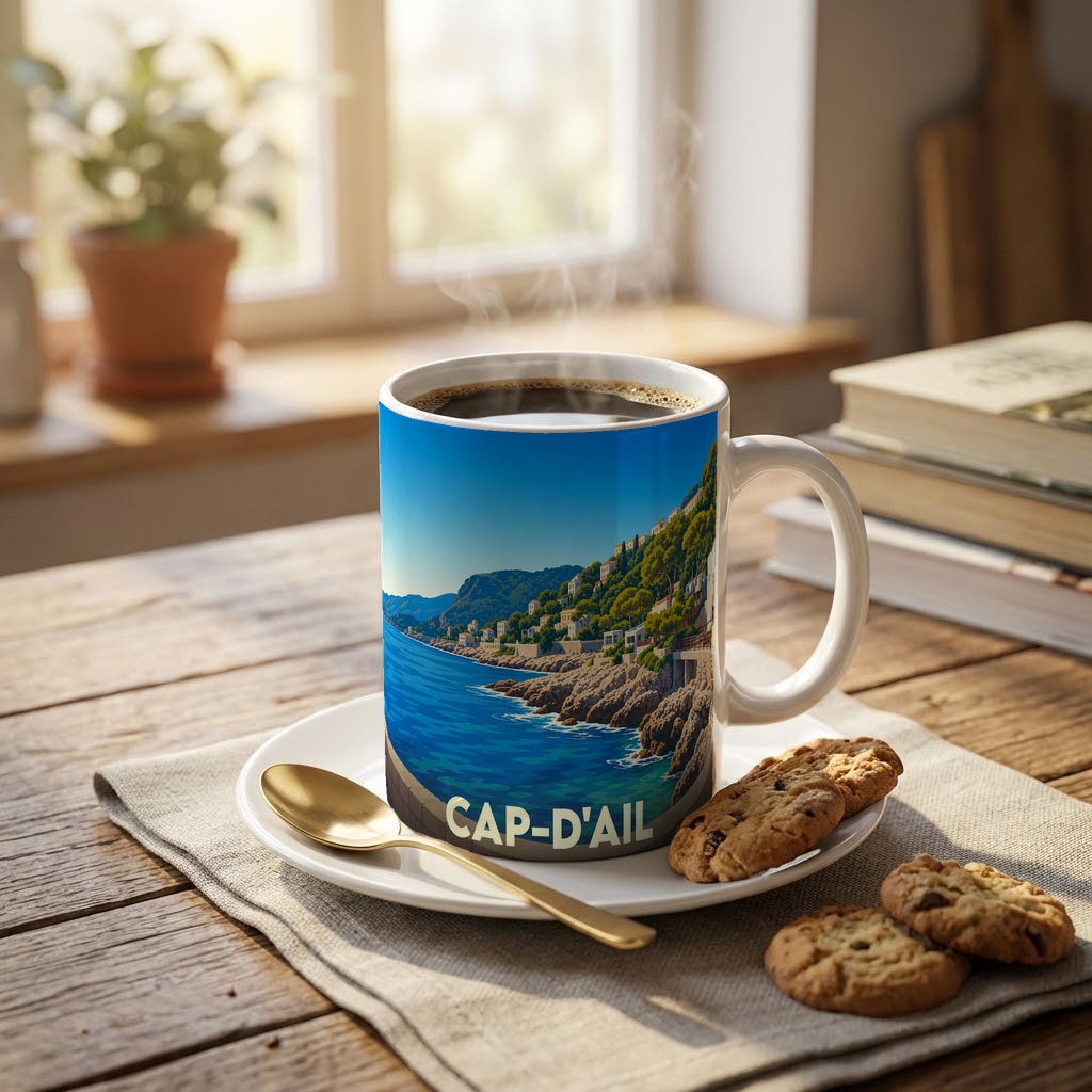 Mug souvenir de la ville de Cap-d'Ail orné d'une illustration stylisée du littoral méditerranéen.