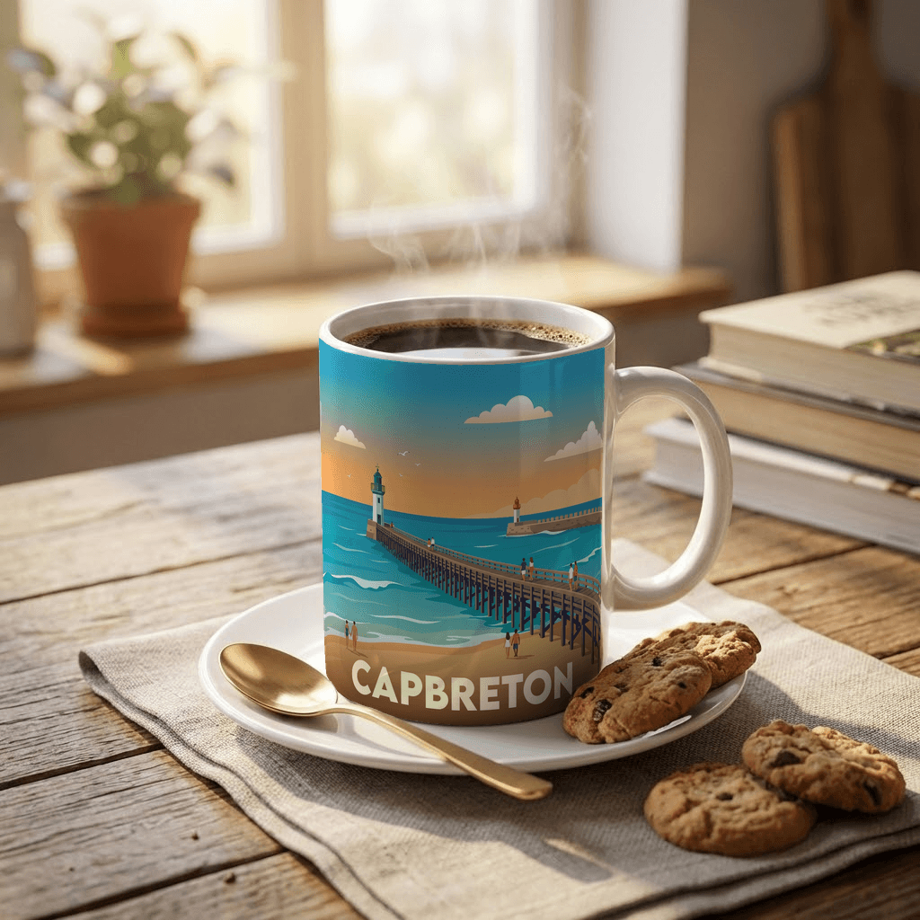 Mug souvenir de la ville de Capbreton avec une illustration stylisée.
