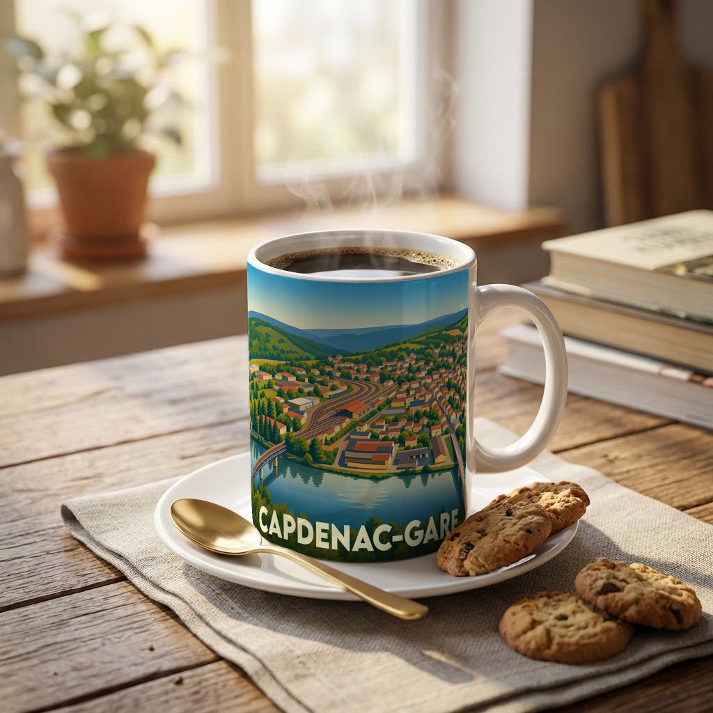 Mug souvenir de la ville de Capdenac-Gare avec une illustration stylisée.